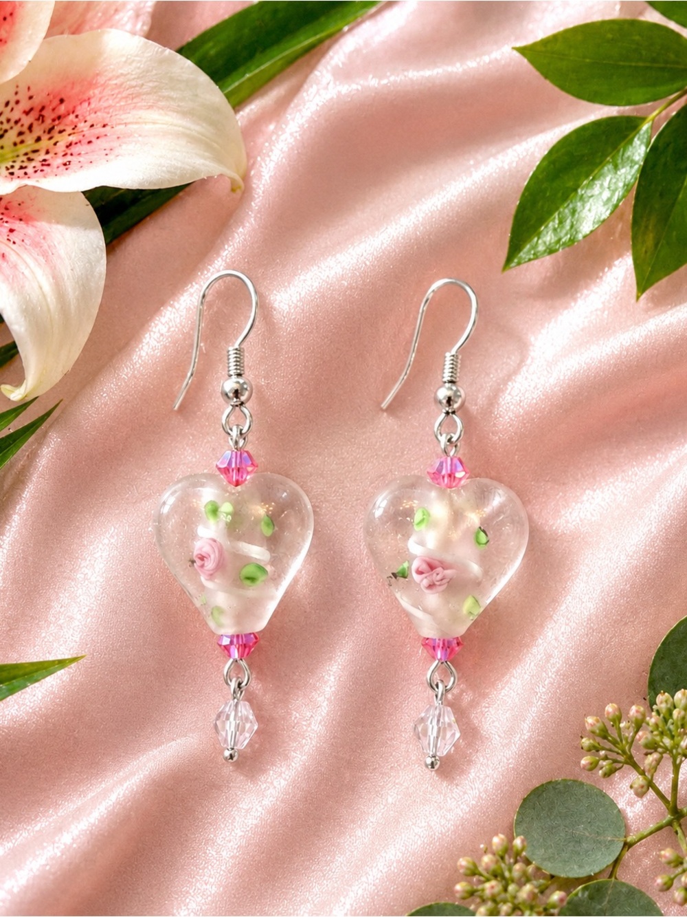 🆕😍Handcrafted Pink Rose Heart Dangle Earrings - Women Jewelry
